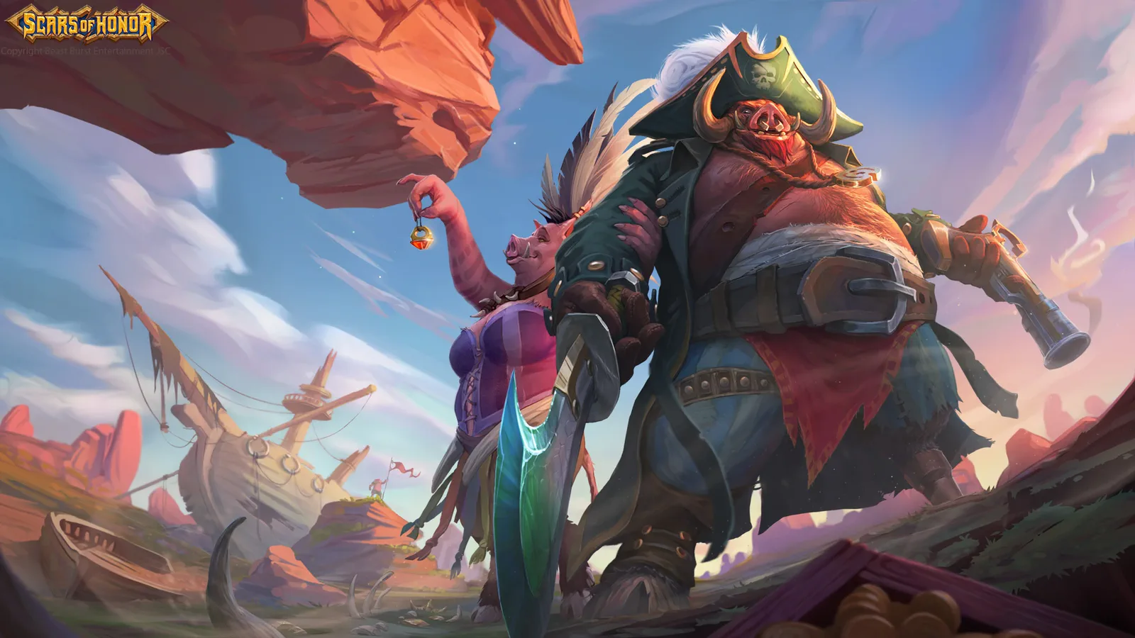 Two boar-like gronthar in pirate coats stand on a desert clifftop above a wrecked sailing ship; the larger one wears a plumed tricorn and carries a spyglass.