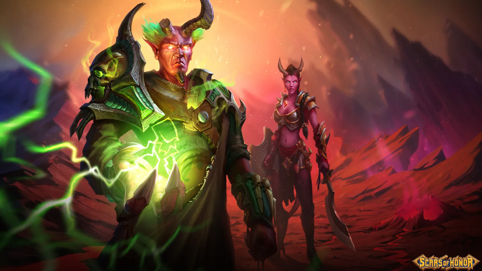 A horned infernal demon wreathed in green lightning stands on volcanic ground beside a red-skinned demon woman holding a curved blade.