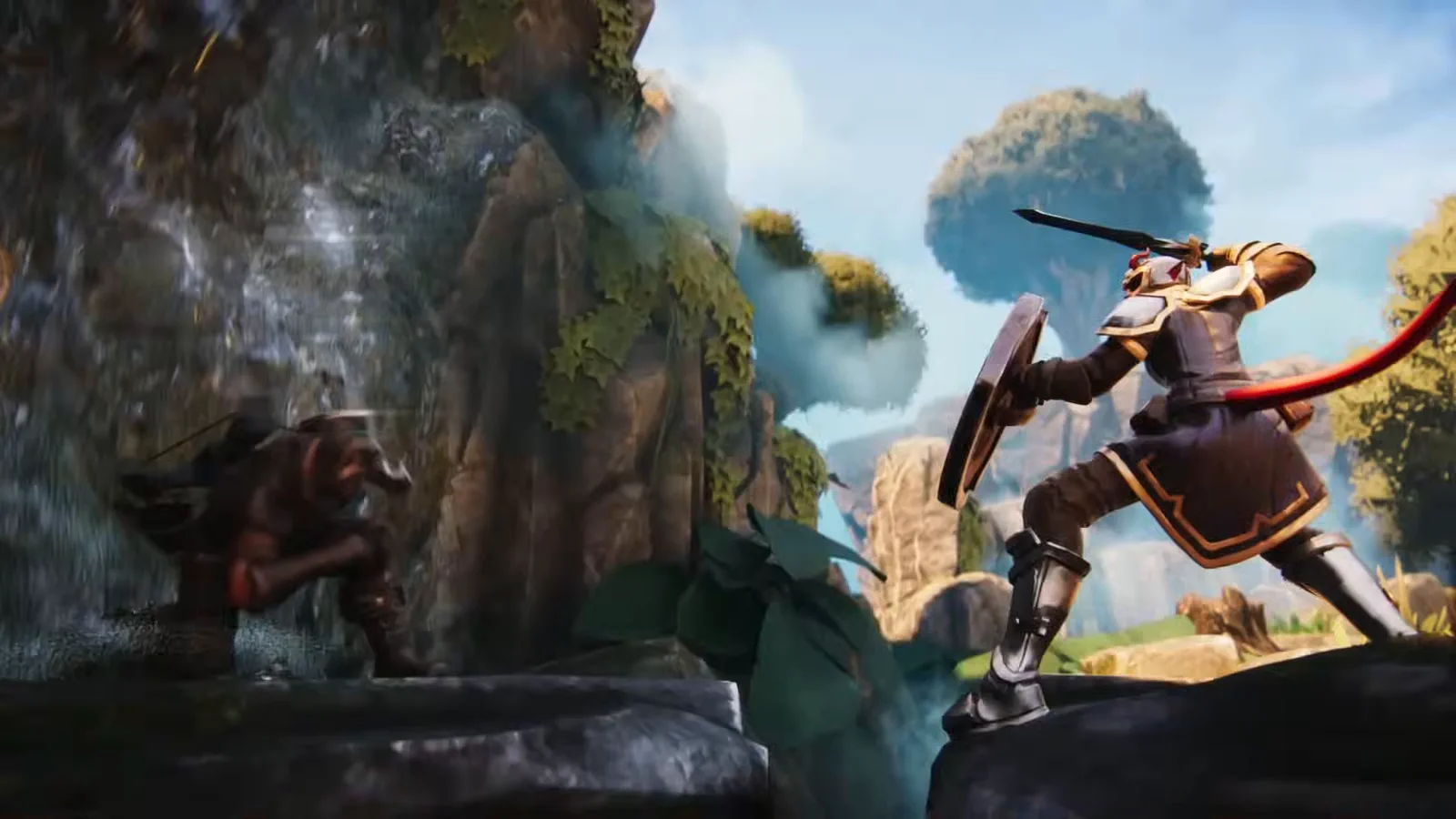 A warrior with a round shield and a raised sword faces a crouching beast on a rock ledge beside a waterfall, with tree-topped floating islands behind.