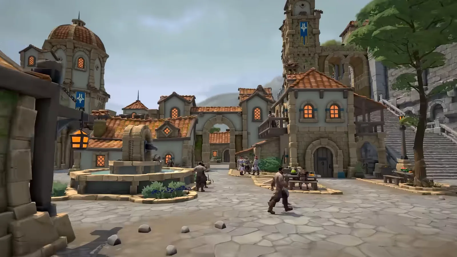 Characters cross the flagstone square of a stone town with a fountain, an arched gateway and a banner-hung clock tower under an overcast sky.