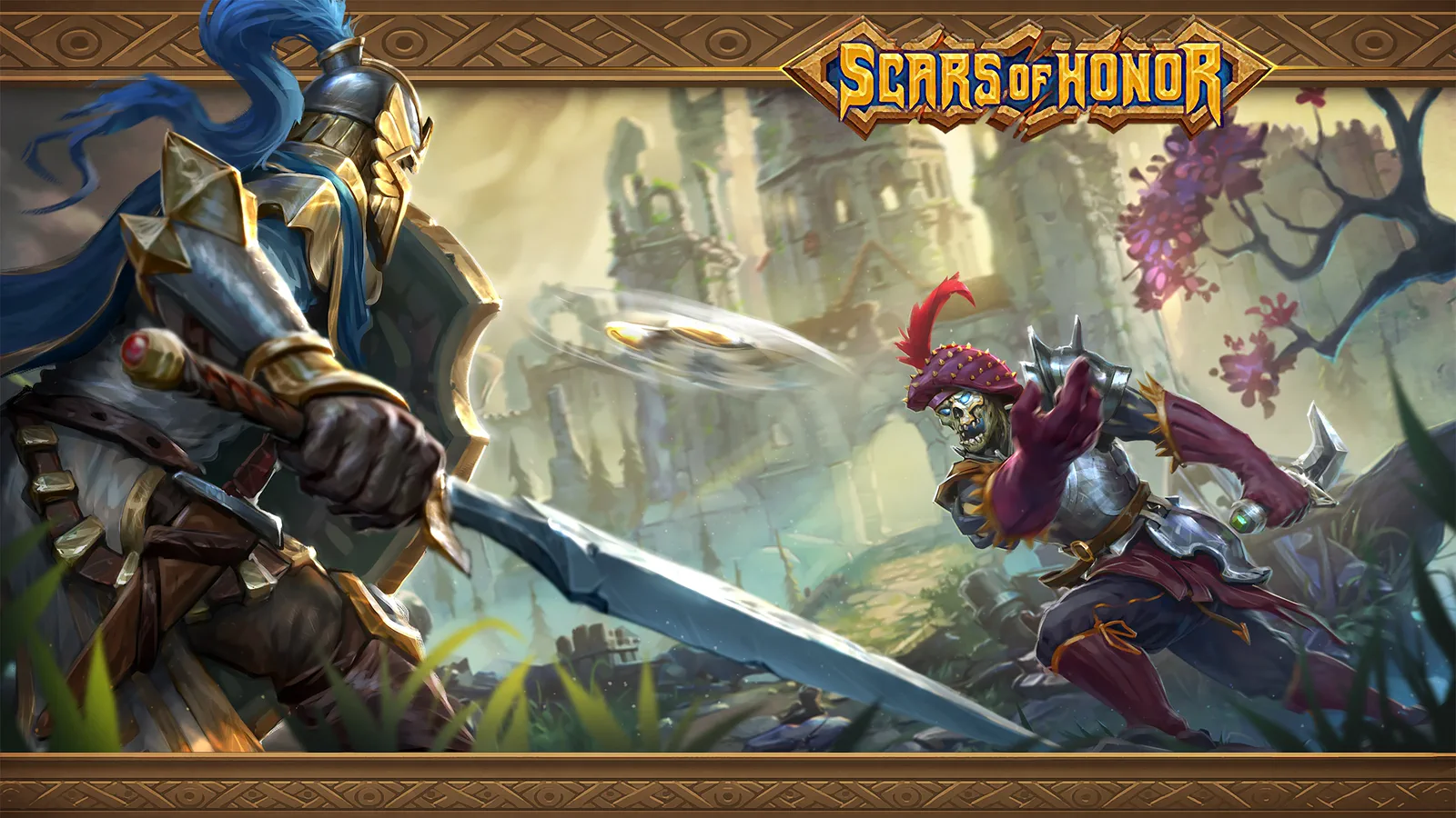 Battleground loading-screen artwork: a knight in plate with a blue plume swings a greatsword at an undead duellist across an overgrown ruined city.