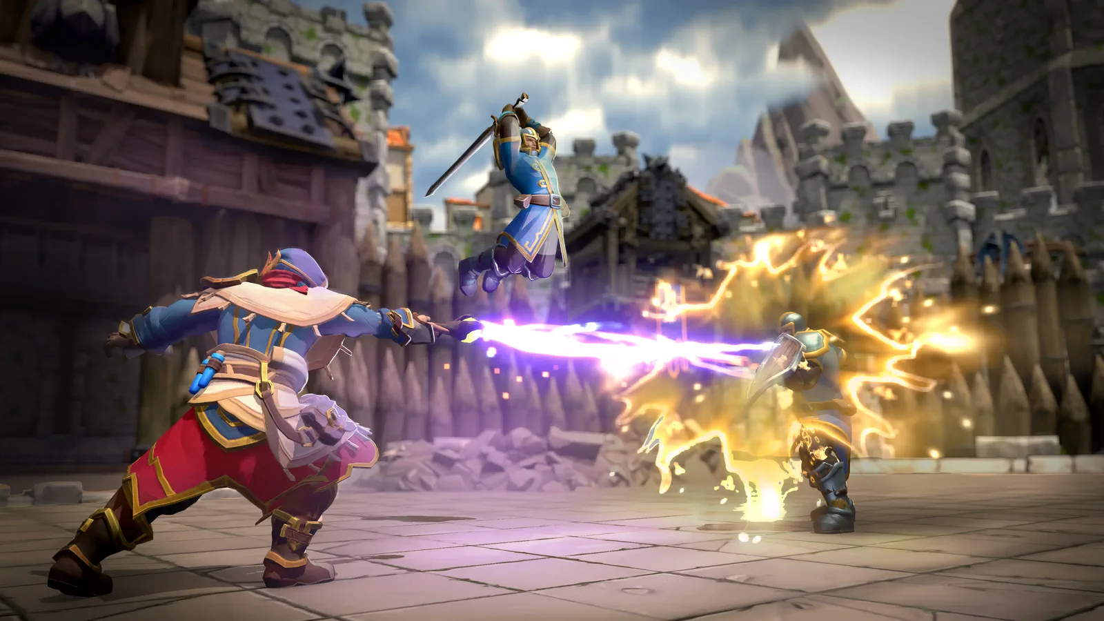 Three characters fight in a castle courtyard: one channels a purple beam of magic, a second is engulfed in golden energy, and a third leaps in overhead with a sword.