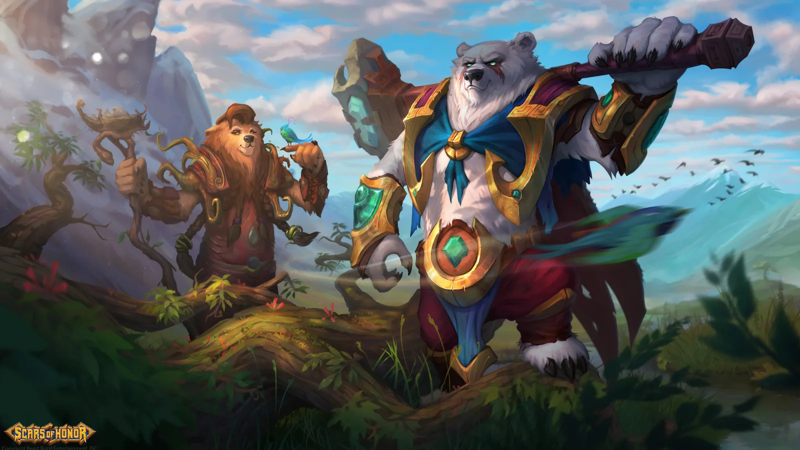 A white bearan in gold-plated armour shoulders a warhammer on a green hillside beside a brown bearan holding a gnarled wooden staff.