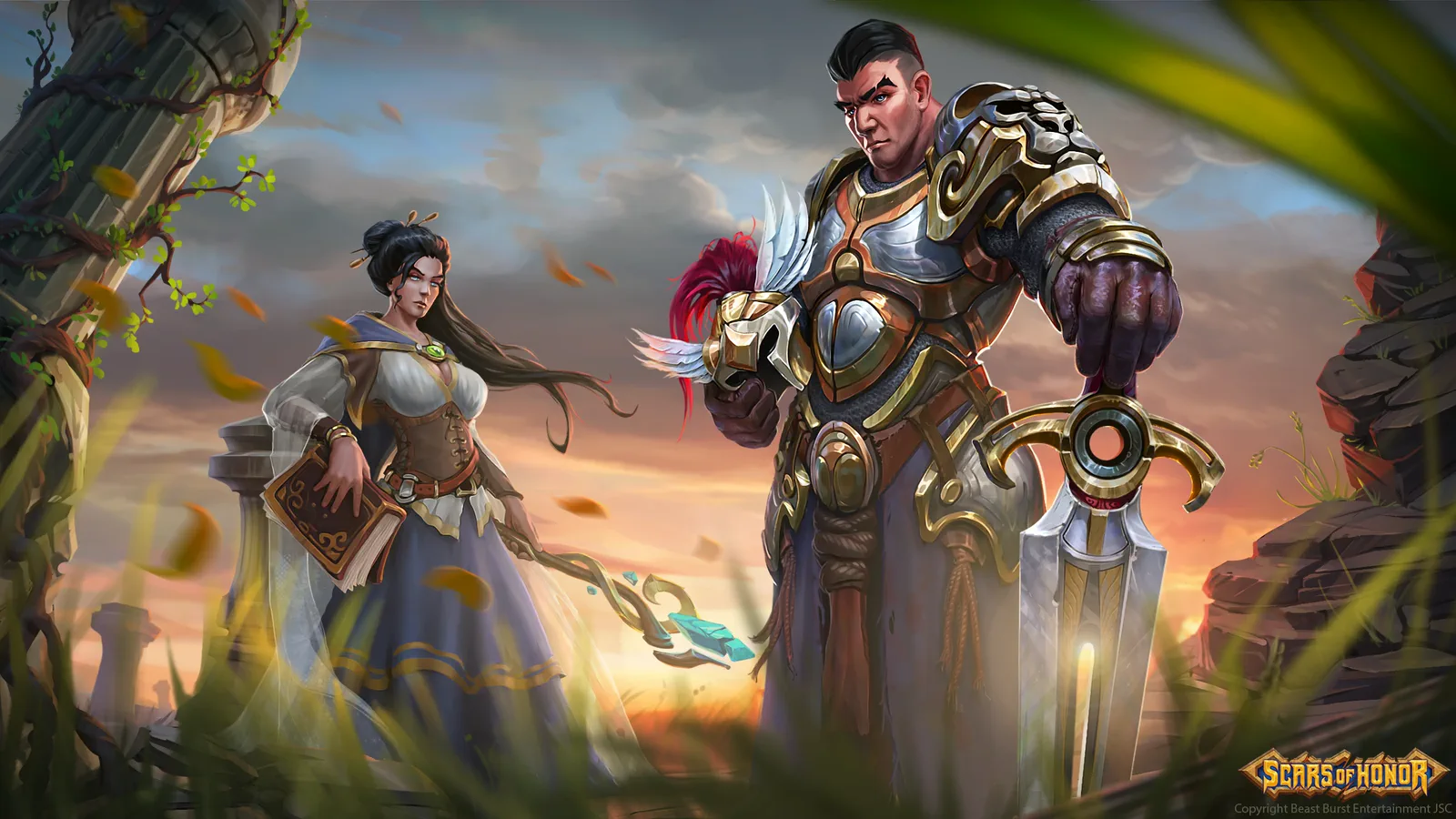 A human warrior in gold-trimmed plate armour holds a broadsword point-down while a robed woman carrying a book stands among ruined columns at sunset.
