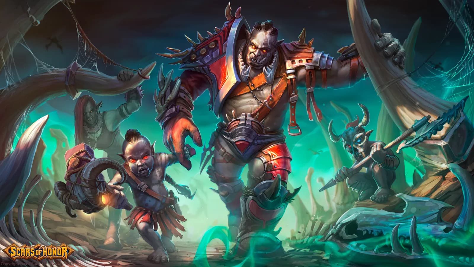 A heavily armoured orc chieftain strides through a swamp lit by green mist, followed by smaller orcs among bone-white roots and tusks.