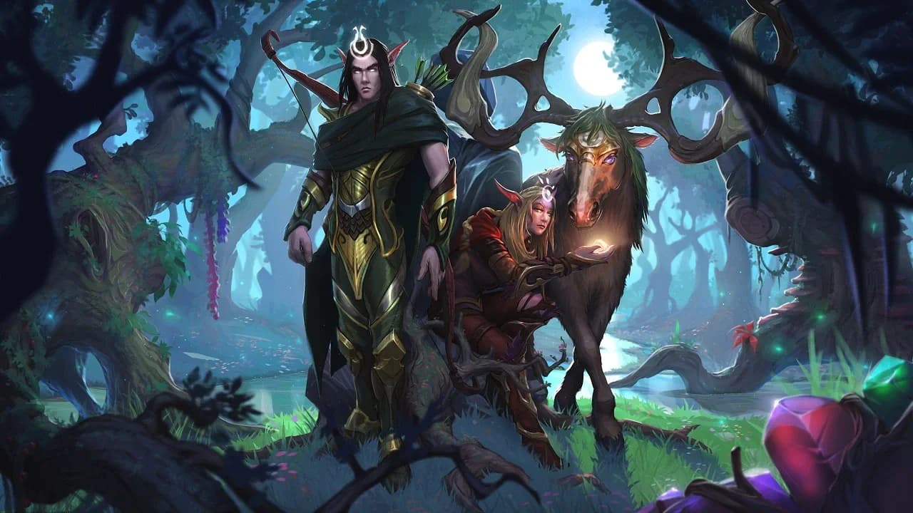 Two sun elves in green and gold armour stand beside an antlered stag mount in a moonlit, overgrown forest.