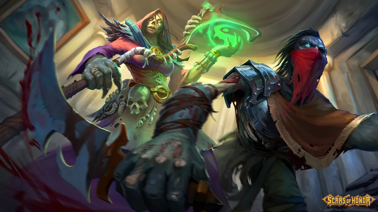 An undead spellcaster in a red hood raises a green-glowing staff while a masked undead fighter lunges towards the viewer with an axe.